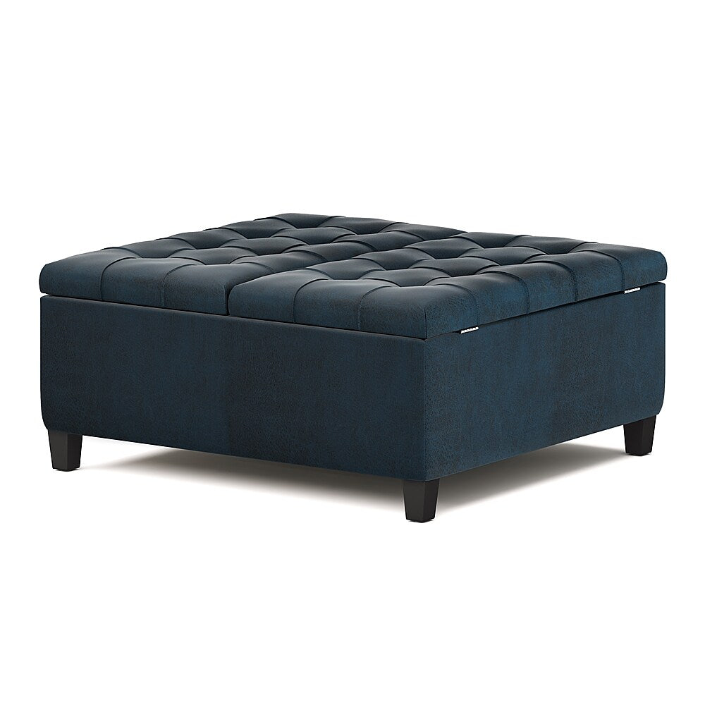 Simpli Home - Harrison 36 inch Wide Transitional Square Coffee Table Storage Ottoman in Faux Leather - Distressed Dark Blue_1