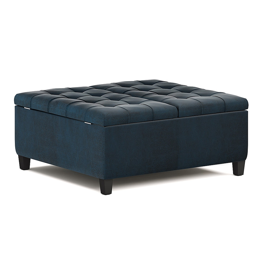 Simpli Home - Harrison 36 inch Wide Transitional Square Coffee Table Storage Ottoman in Faux Leather - Distressed Dark Blue_0