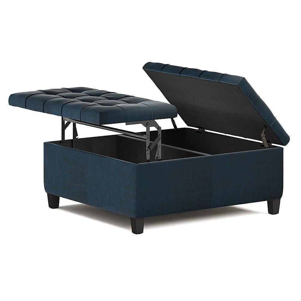 Simpli Home - Harrison 36 inch Wide Transitional Square Coffee Table Storage Ottoman in Faux Leather - Distressed Dark Blue_7