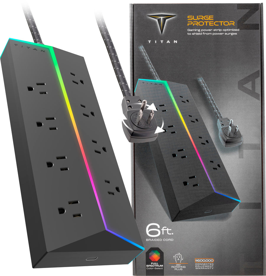 Titan - 8 Outlet 3200 Joules Surge Protector with ColorChanging LED - Black_0