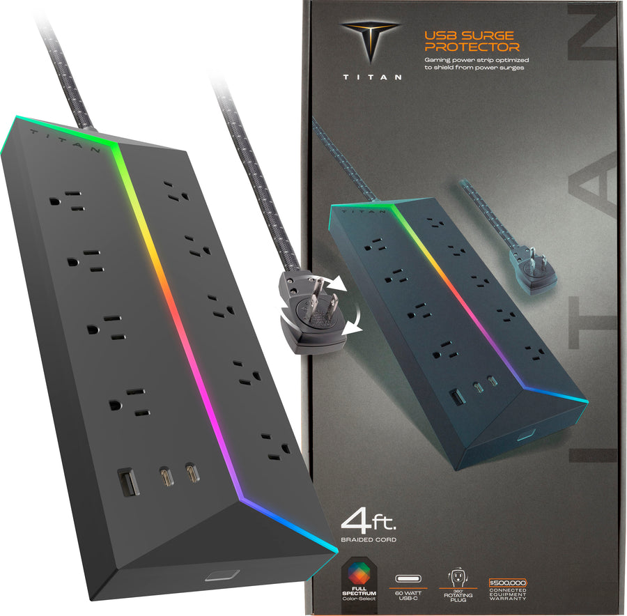 Titan - 9 Outlet/2 USB-C/1 USB-A 5000 Joules Surge Protector with ColorChanging LED - Black_0