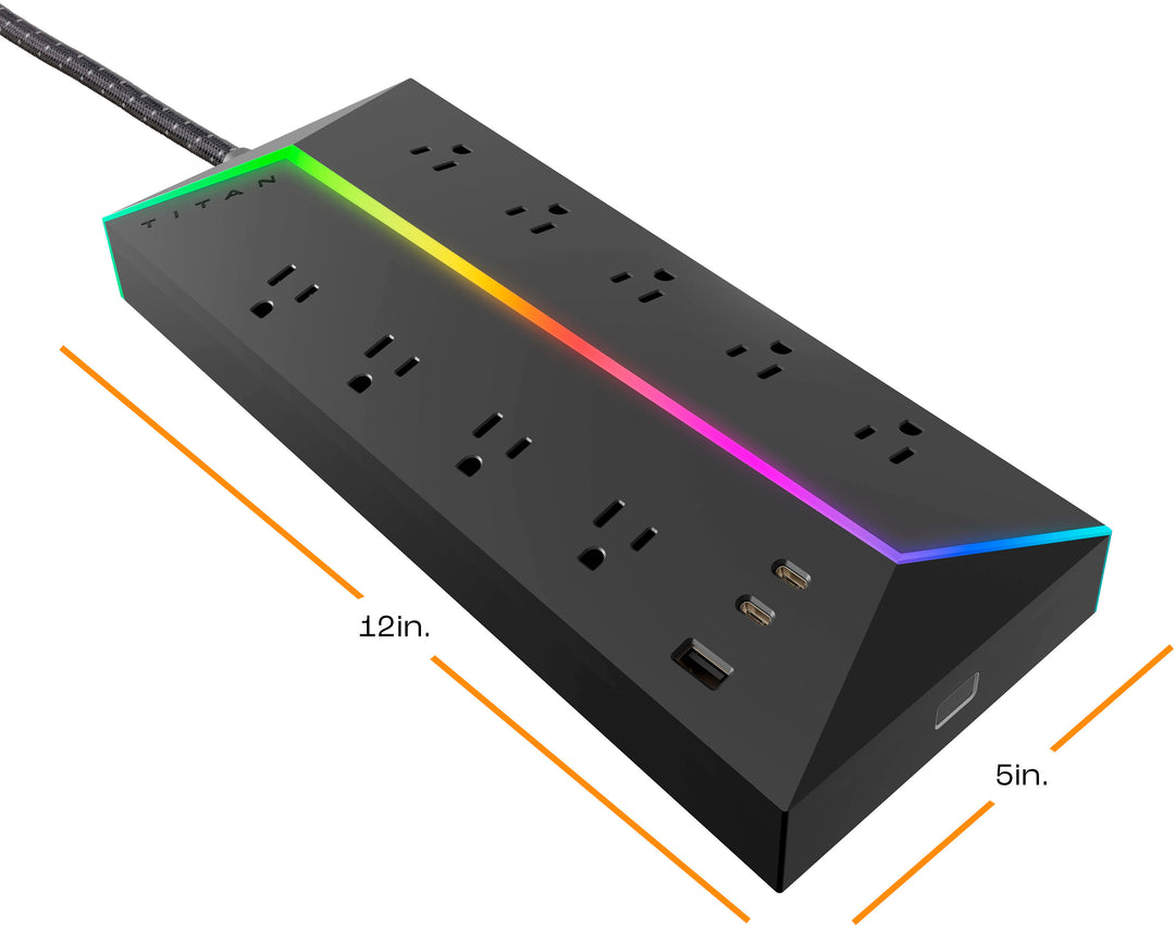 Titan - 9 Outlet/2 USB-C/1 USB-A 5000 Joules Surge Protector with ColorChanging LED - Black_7