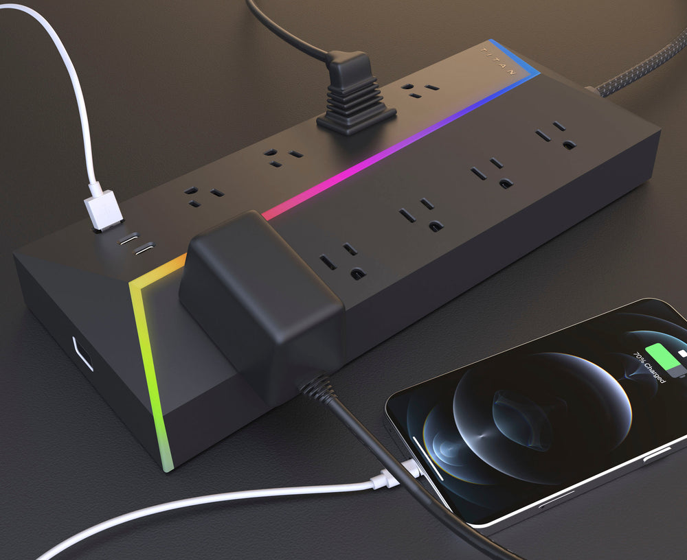 Titan - 9 Outlet/2 USB-C/1 USB-A 5000 Joules Surge Protector with ColorChanging LED - Black_1