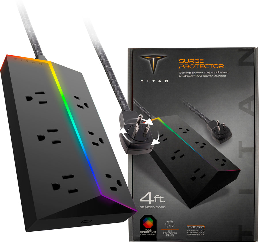 Titan - 6 Outlet 1500 Joules Surge Protector Strip with ColorChanging LED - Black_0