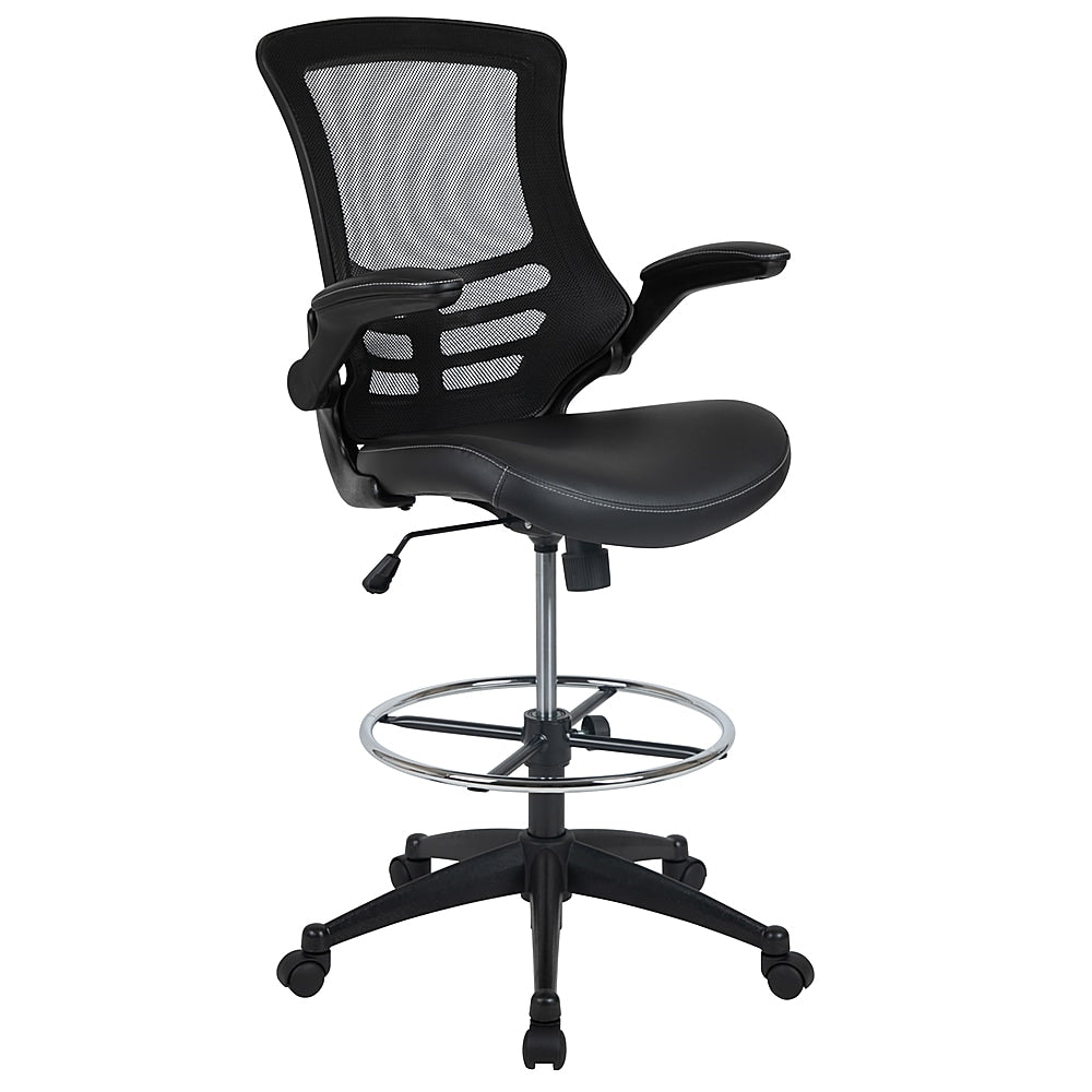 Flash Furniture - Mid-Back Mesh Ergonomic Drafting Chair with Adjustable Foot Ring and Flip-Up Arms - Black LeatherSoft/Mesh_0