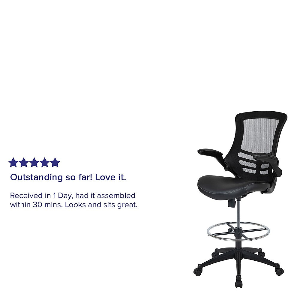 Flash Furniture - Mid-Back Mesh Ergonomic Drafting Chair with Adjustable Foot Ring and Flip-Up Arms - Black LeatherSoft/Mesh_8