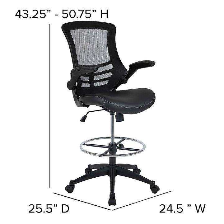 Flash Furniture - Mid-Back Mesh Ergonomic Drafting Chair with Adjustable Foot Ring and Flip-Up Arms - Black LeatherSoft/Mesh_7