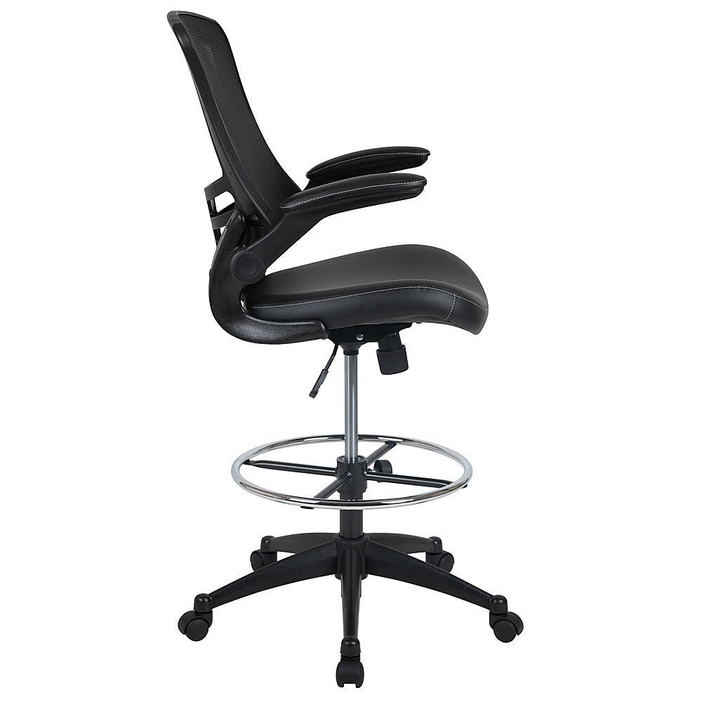 Flash Furniture - Mid-Back Mesh Ergonomic Drafting Chair with Adjustable Foot Ring and Flip-Up Arms - Black LeatherSoft/Mesh_3