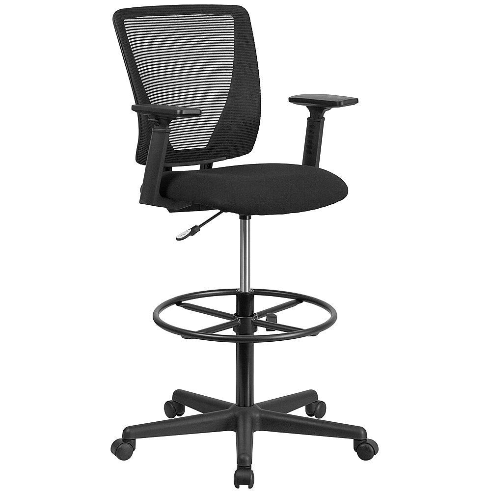 Flash Furniture - Ergonomic Mid-Back Mesh Drafting Chair with Fabric Seat, Adjustable Foot Ring and Arms - Black_0