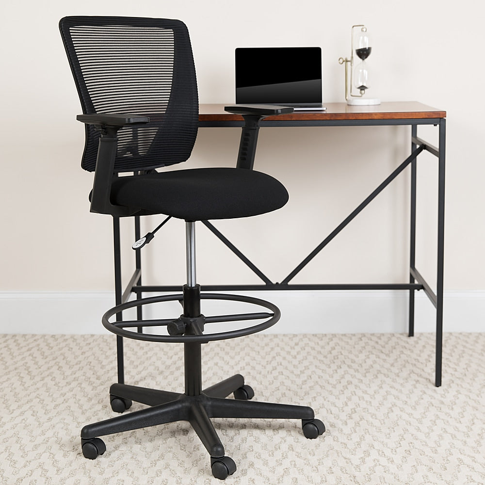Flash Furniture - Ergonomic Mid-Back Mesh Drafting Chair with Fabric Seat, Adjustable Foot Ring and Arms - Black_2