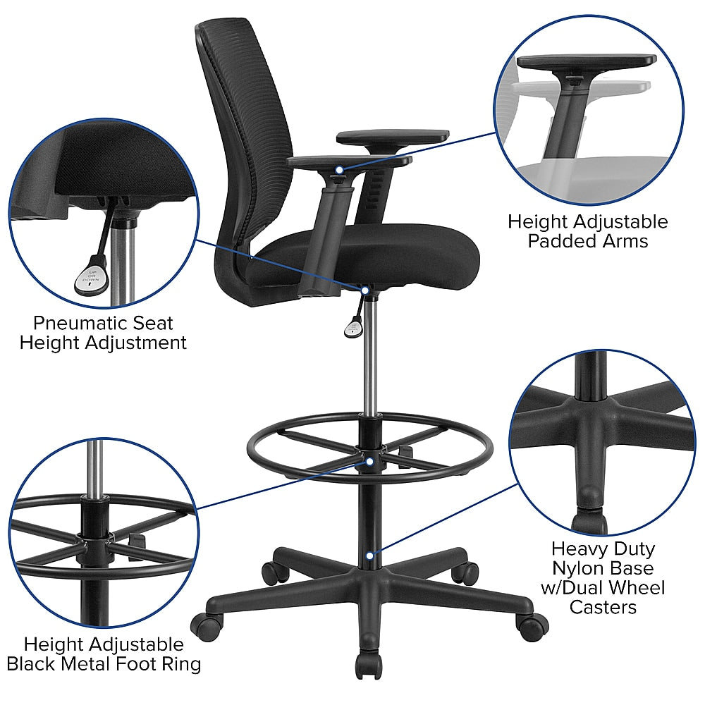 Flash Furniture - Ergonomic Mid-Back Mesh Drafting Chair with Fabric Seat, Adjustable Foot Ring and Arms - Black_9