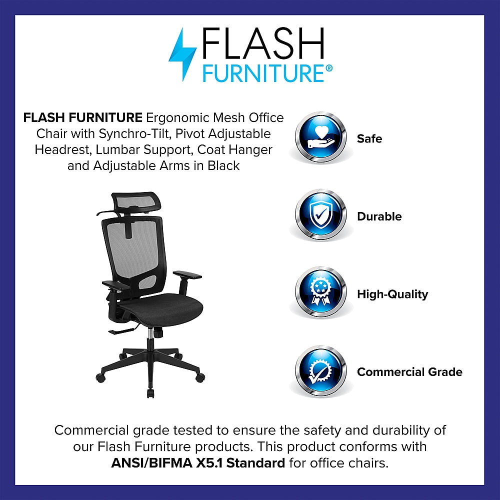 Flash Furniture - Ergonomic Mesh Office Chair-Synchro-Tilt, Pivot Headrest, Adjustable Arms - Black_11