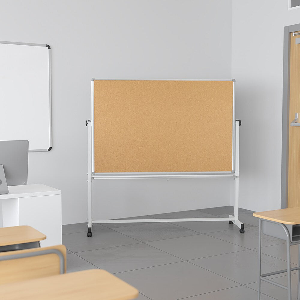 Flash Furniture - Hercules Series 62.5"W x 62.25"H Reversible Mobile Cork Bulletin Board and White Board with Pen Tray - Natural/White_4