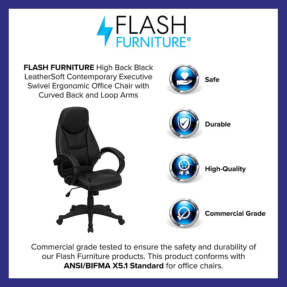 Flash Furniture - High Back LeatherSoft Contemporary Executive Swivel Ergonomic Office Chair with Curved Back and Loop Arms - Black_3