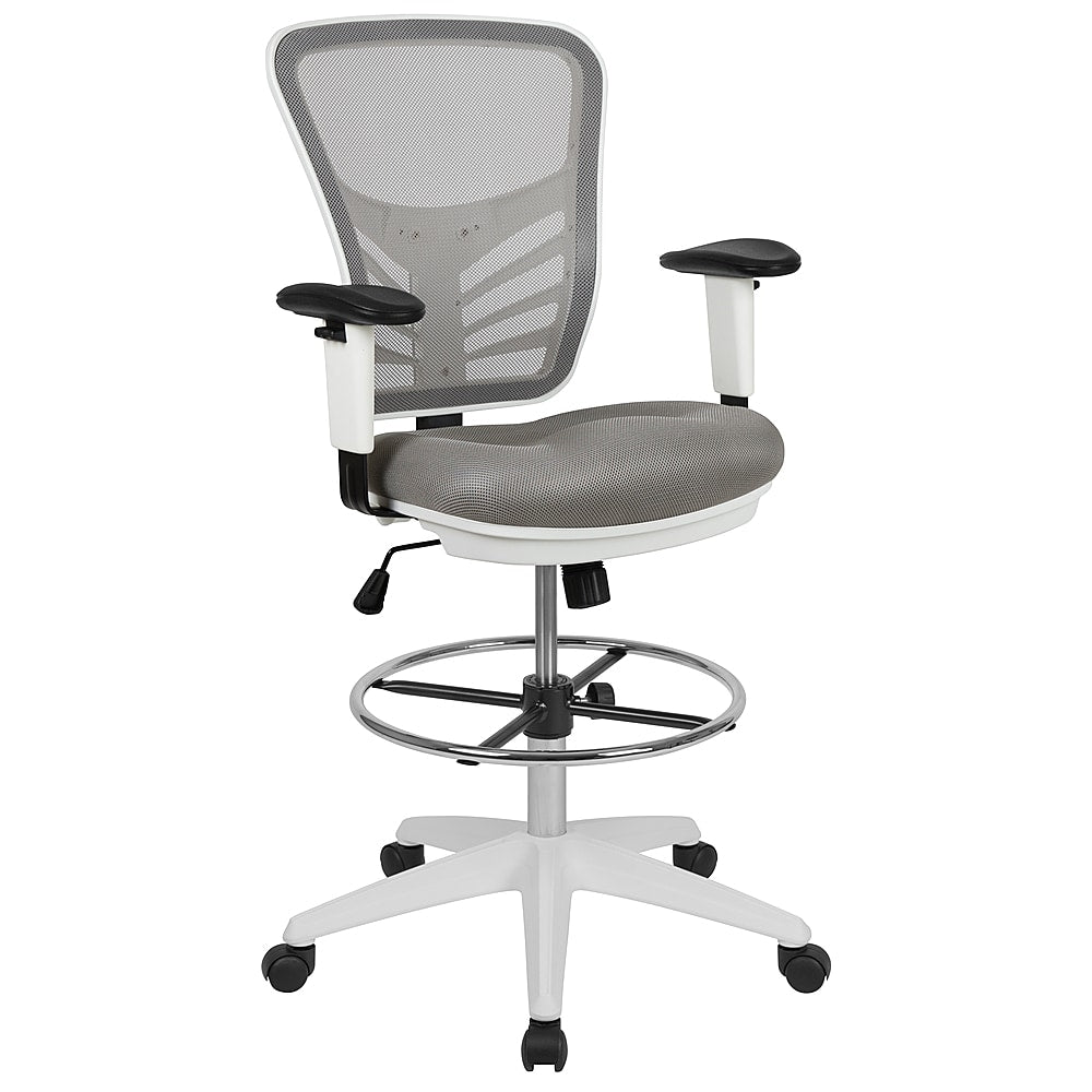 Flash Furniture - Mid-Back Mesh Ergonomic Drafting Chair with Adjustable Chrome Foot Ring, Adjustable Arms - Light Gray Mesh/White Frame_0