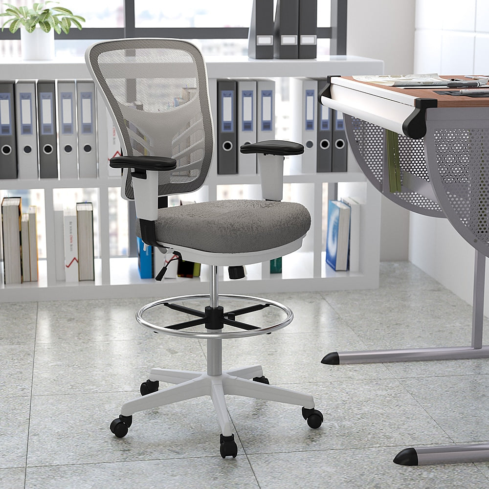 Flash Furniture - Mid-Back Mesh Ergonomic Drafting Chair with Adjustable Chrome Foot Ring, Adjustable Arms - Light Gray Mesh/White Frame_10