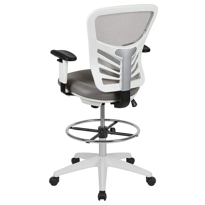 Flash Furniture - Mid-Back Mesh Ergonomic Drafting Chair with Adjustable Chrome Foot Ring, Adjustable Arms - Light Gray Mesh/White Frame_8