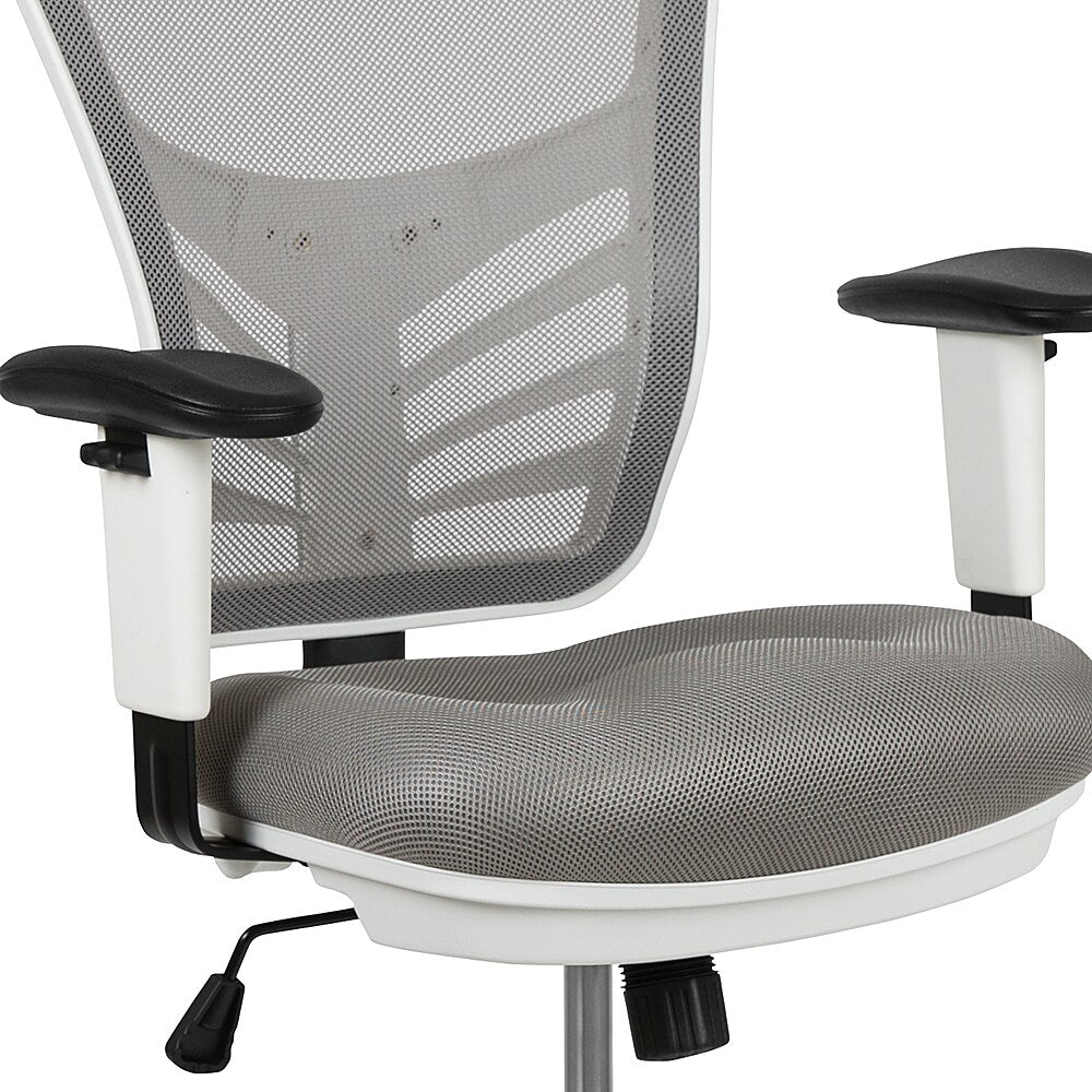 Flash Furniture - Mid-Back Mesh Ergonomic Drafting Chair with Adjustable Chrome Foot Ring, Adjustable Arms - Light Gray Mesh/White Frame_7