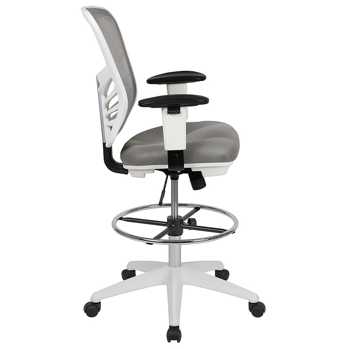 Flash Furniture - Mid-Back Mesh Ergonomic Drafting Chair with Adjustable Chrome Foot Ring, Adjustable Arms - Light Gray Mesh/White Frame_6