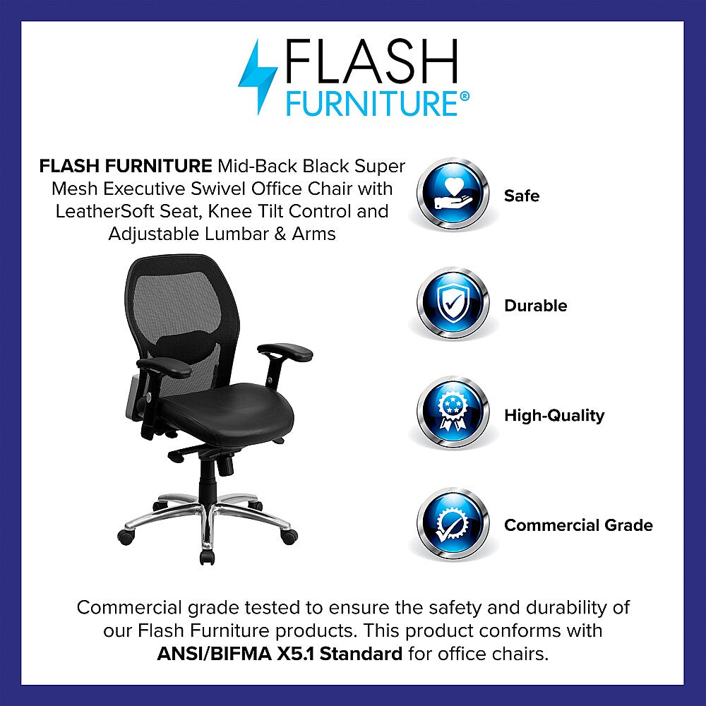 Flash Furniture - Mid-Back Super Mesh Executive Swivel Office Chair with Knee Tilt Control and Adjustable Arms - Black LeatherSoft/Mesh_2