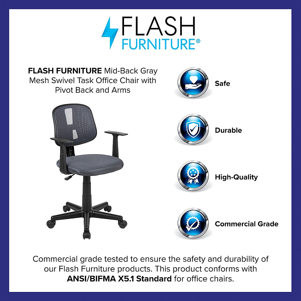 Flash Furniture - Flash Fundamentals Mid-Back Mesh Swivel Task Office Chair with Pivot Back and Arms, BIFMA Certified - Gray_2