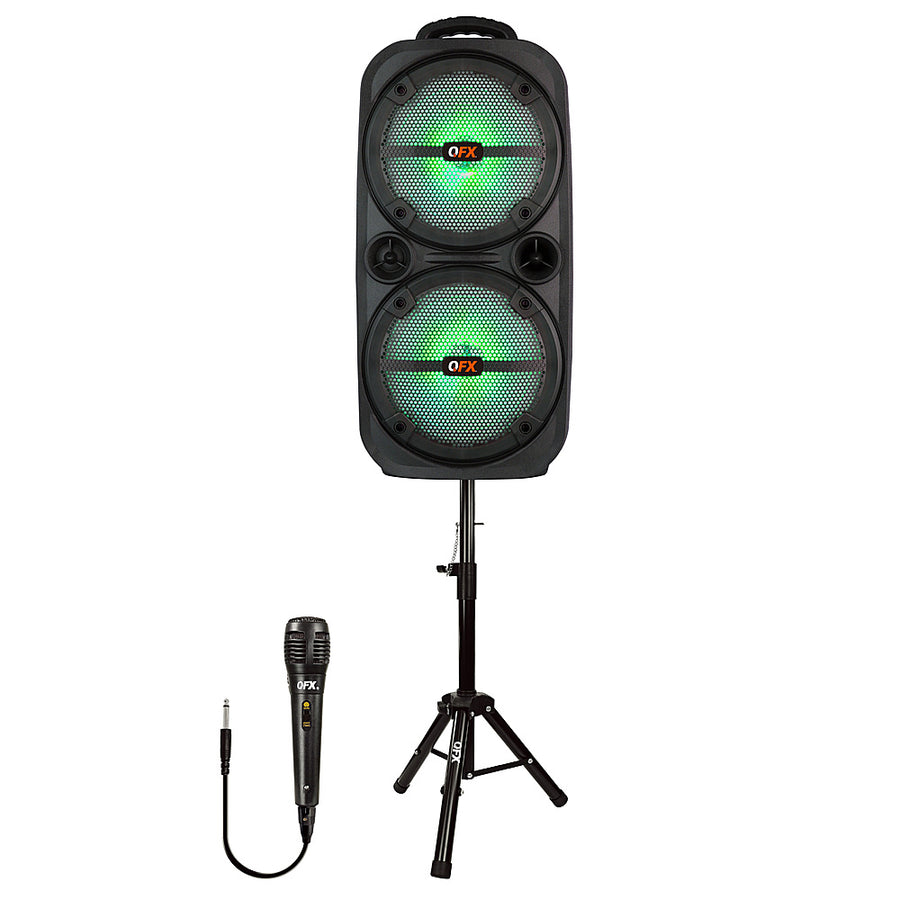 QFX - 2 x 8" BT Recharge Speaker with Microphone & Stand - Black_0