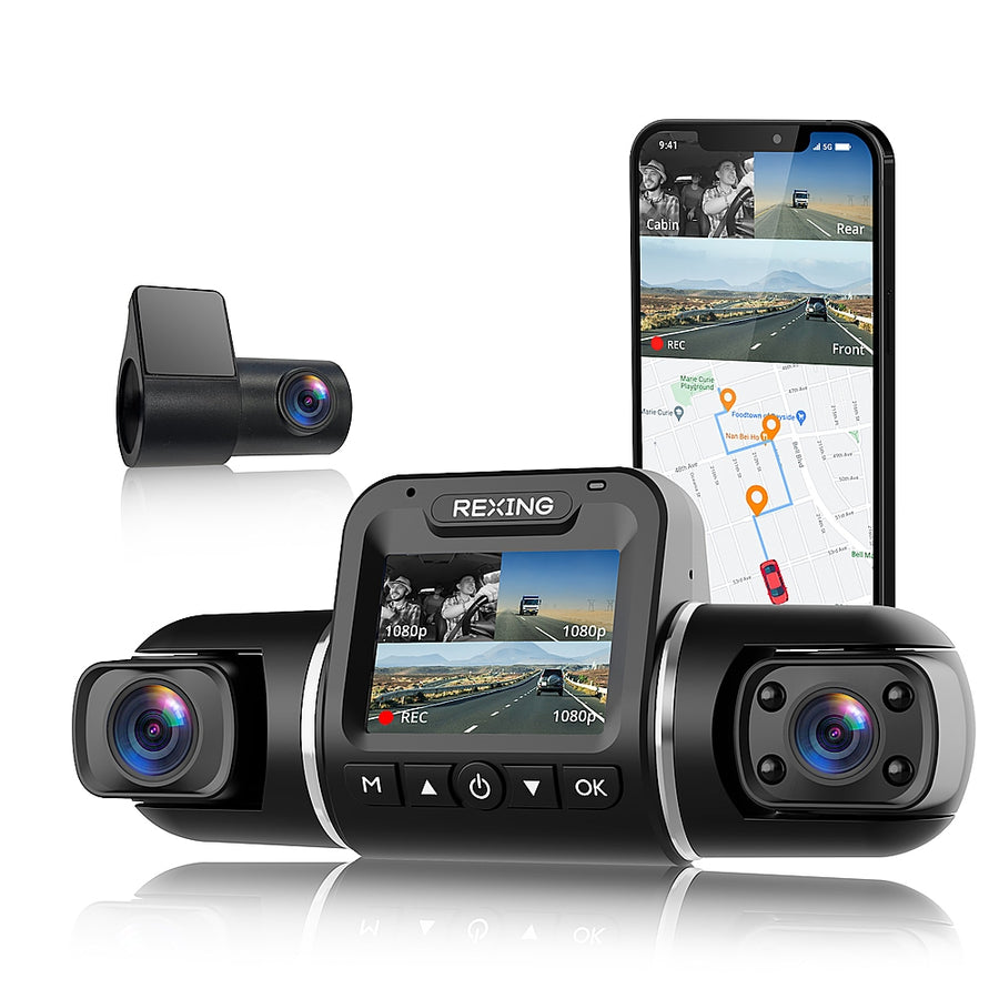 Rexing - V2 Pro 1080p 3-Channel AI Car Dash Cam with Wi-Fi Built-in GPS and Adhesive Mount - Black_0