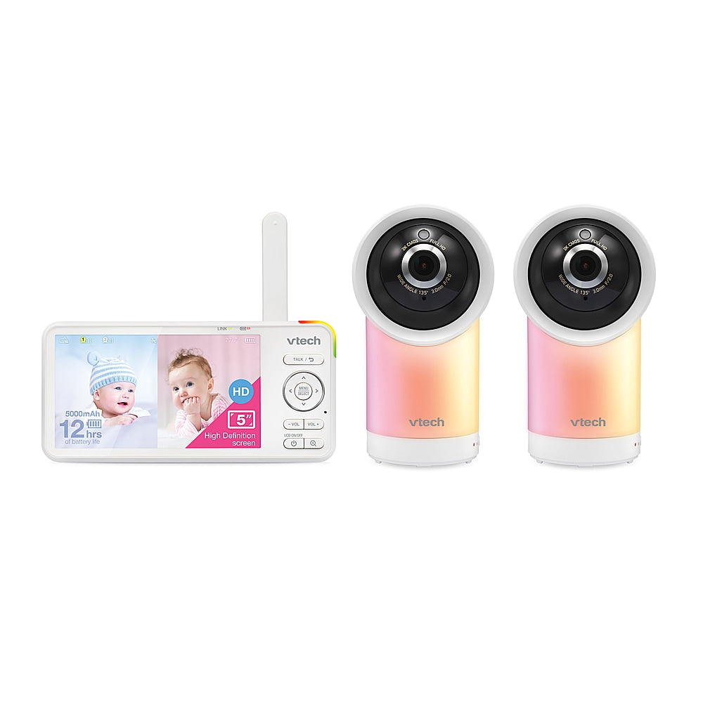 VTech - 2 Camera 1080p Smart WiFi Remote Access 360 Degree Pan & Tilt Video Baby Monitor with 5” Display, Night Light - white_0