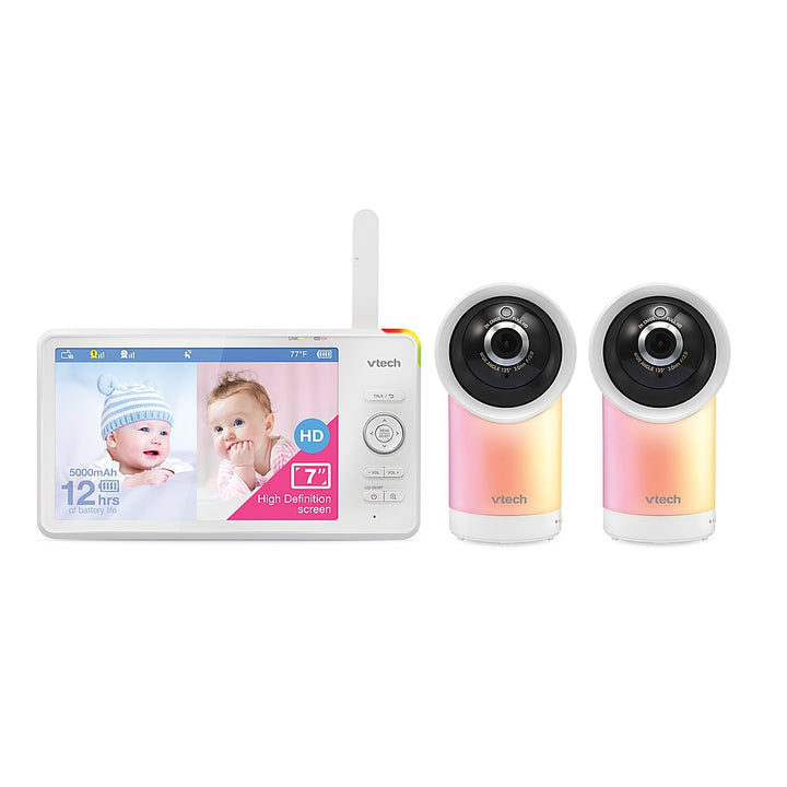VTech - 2 Camera 1080p Smart WiFi Remote Access 360 Degree Pan & Tilt Video Baby Monitor with 7” Display, Night Light - white_0