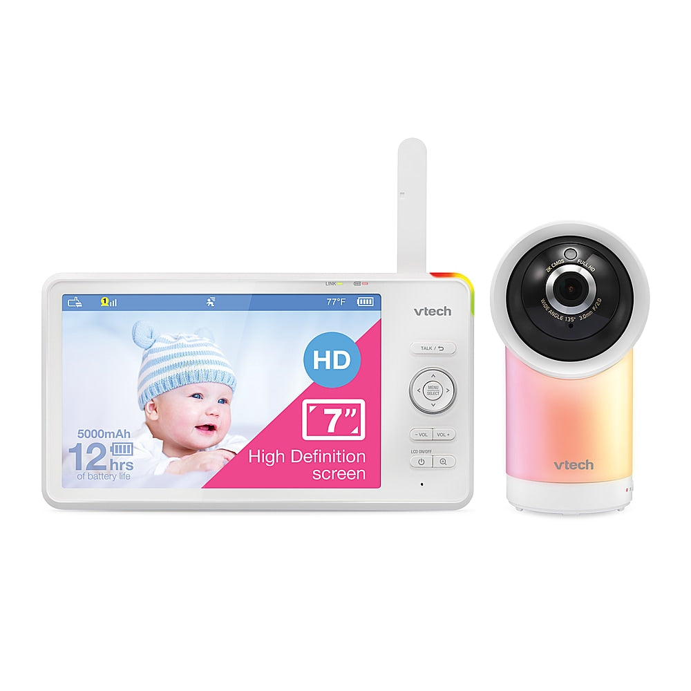 VTech - 1080p Smart WiFi Remote Access 360 Degree Pan & Tilt Video Baby Monitor with 7” Display, Night Light - White_0