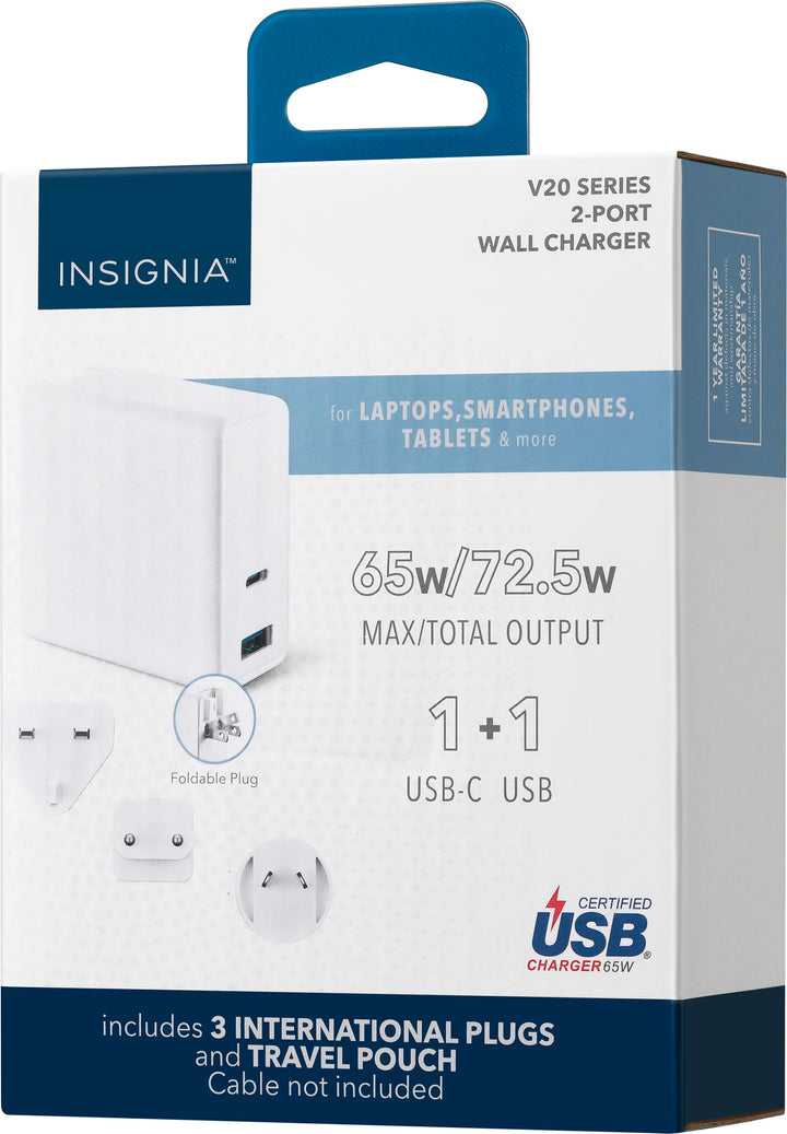 Insignia™ - 72.5W 2-Port USB-C/USB Foldable Wall Charger with International Plugs for Laptops, Smartphone, Tablet and More - White_5