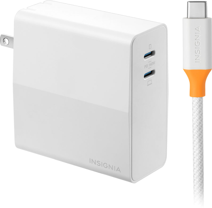 Insignia™ - 140W Dual Port USB-C Compact Wall Charger Kit for MacBook Pro 16”, Smartphone, and Tablet - White_0