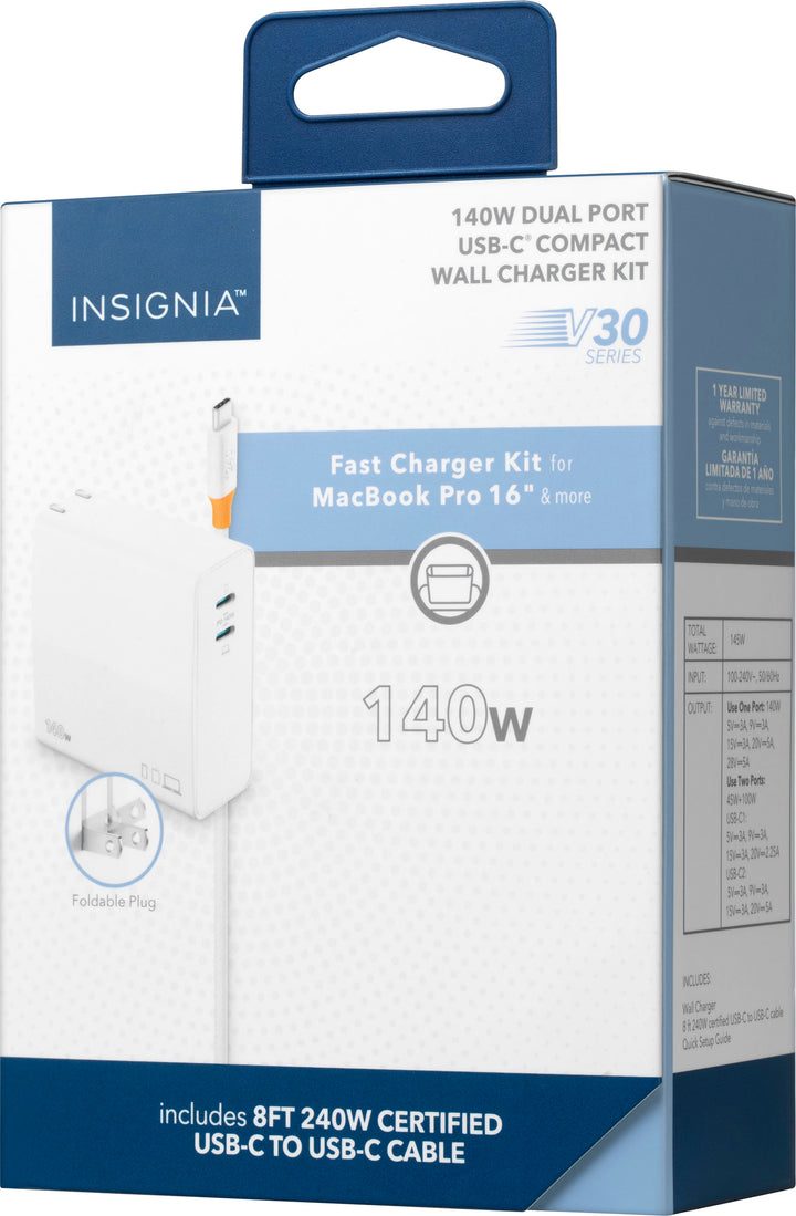 Insignia™ - 140W Dual Port USB-C Compact Wall Charger Kit for MacBook Pro 16”, Smartphone, and Tablet - White_8