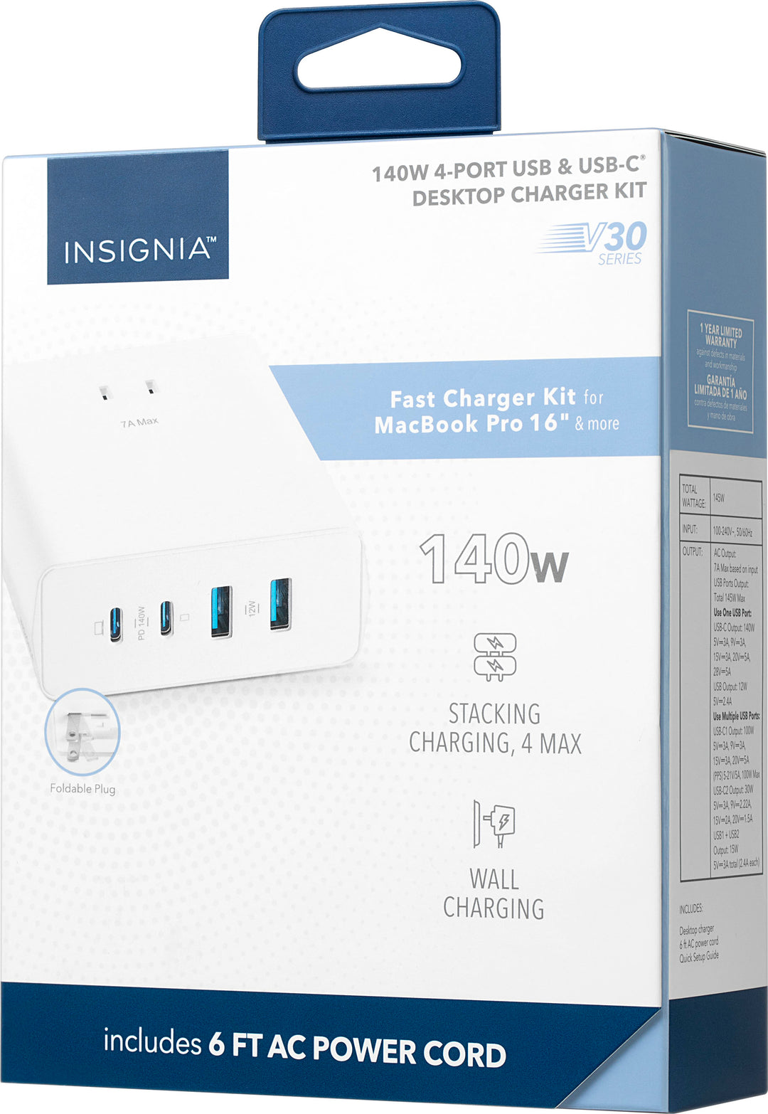 Insignia™ - 140W 4-Port USB and USB-C Desktop Charger Kit for MacBook Pro 16”, Laptops, Smartphone, Tablet, and More - White_8