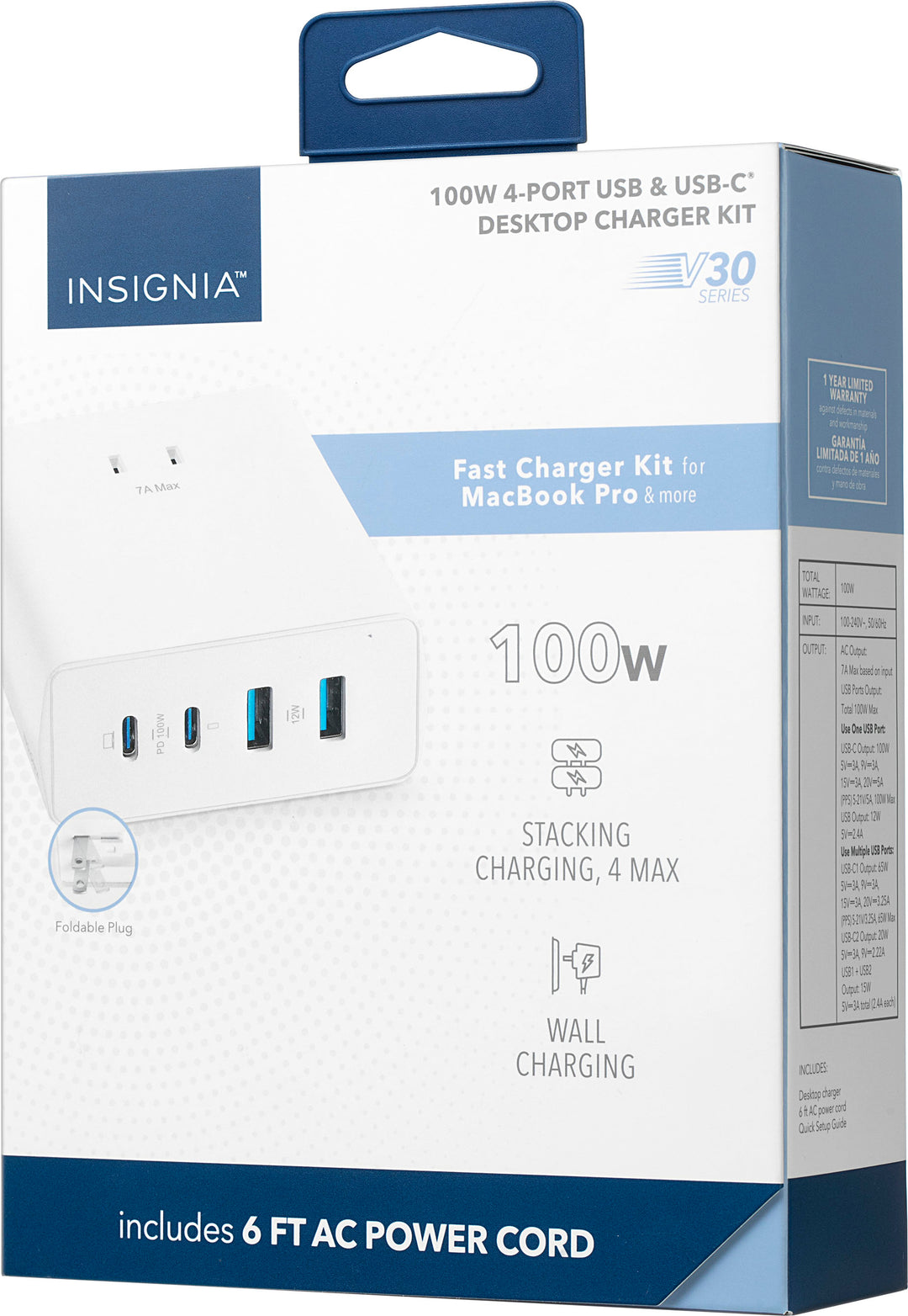 Insignia™ - 100W 4-Port USB and USB-C Desktop Charger Kit for MacBook Pro, Smartphone, Tablet and More - White_8