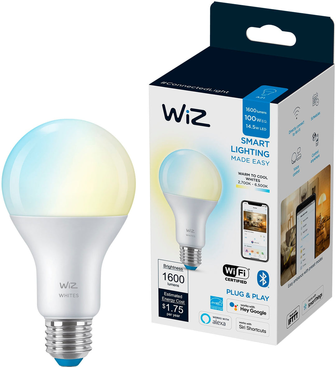 WiZ - Tunable White A21 Wi-Fi Smart LED Bulb - White_0