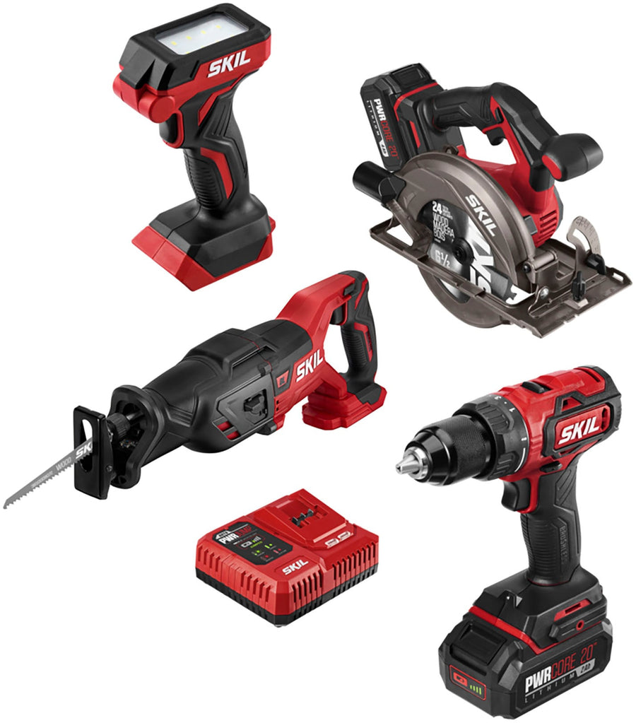 Skil - PWR CORE 20 Brushless 20V 4-Tool Kit: Drill Driver, Reciprocating Saw, Circular Saw and LED Light - Red/Black_0