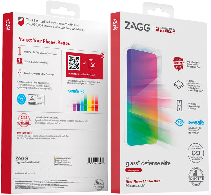ZAGG - InvisibleShield Glass+ Defense Elite VisionGuard Blue Light Filtering Screen Protector for Apple iPhone 14 Pro_1