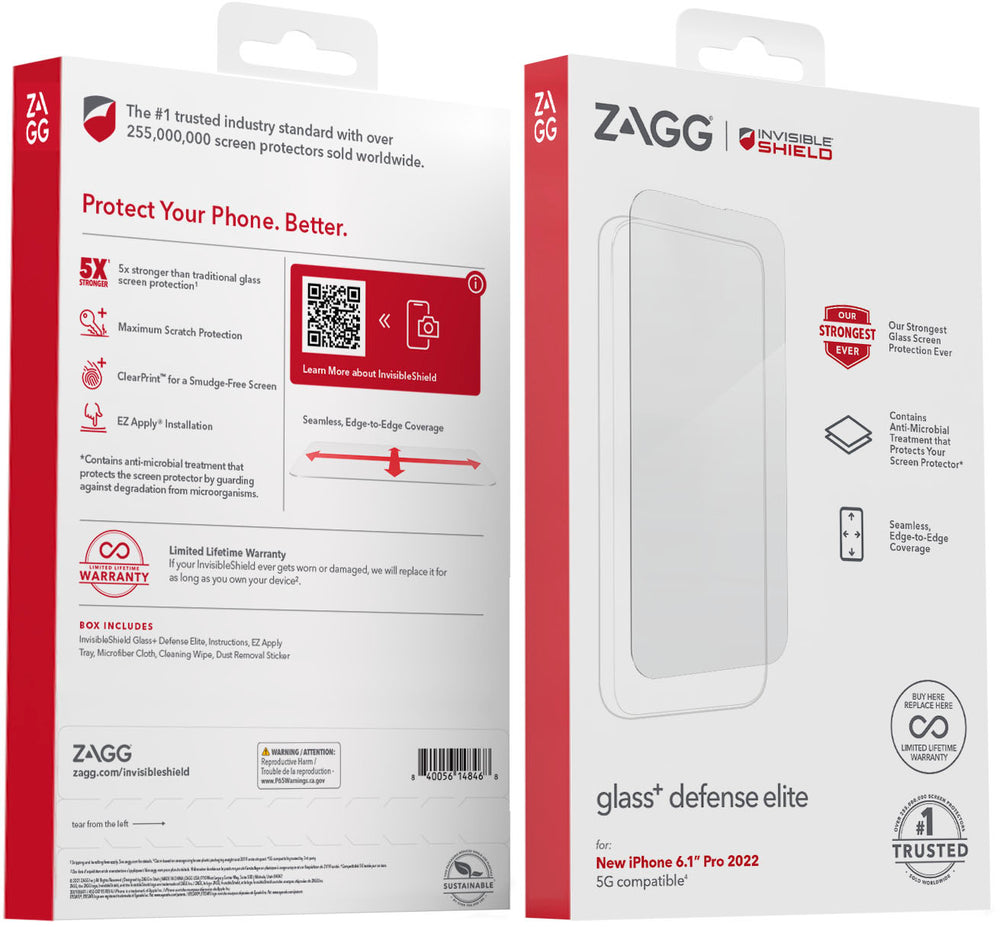 ZAGG - InvisibleShield Glass+ Defense Elite Maximum Edge-to-Edge Impact & Scratch Screen Protector for Apple iPhone 14 Pro_1