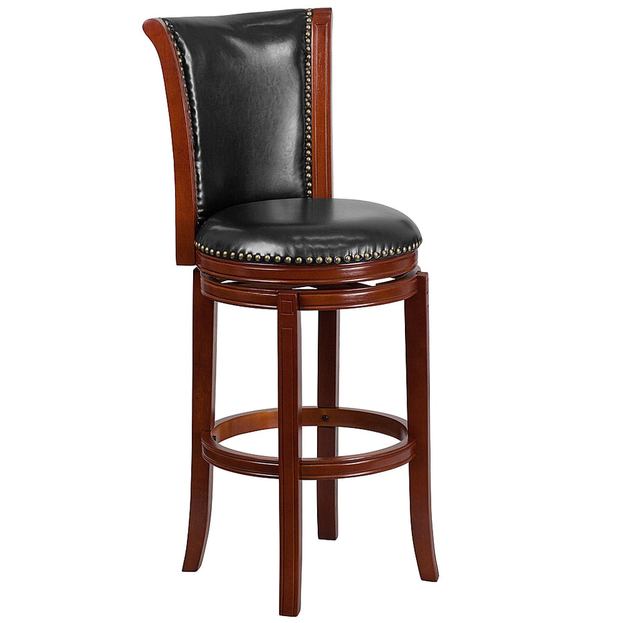 Flash Furniture - 30'' High Wood Barstool with Panel Back and LeatherSoft Swivel Seat - Dark Chestnut_0