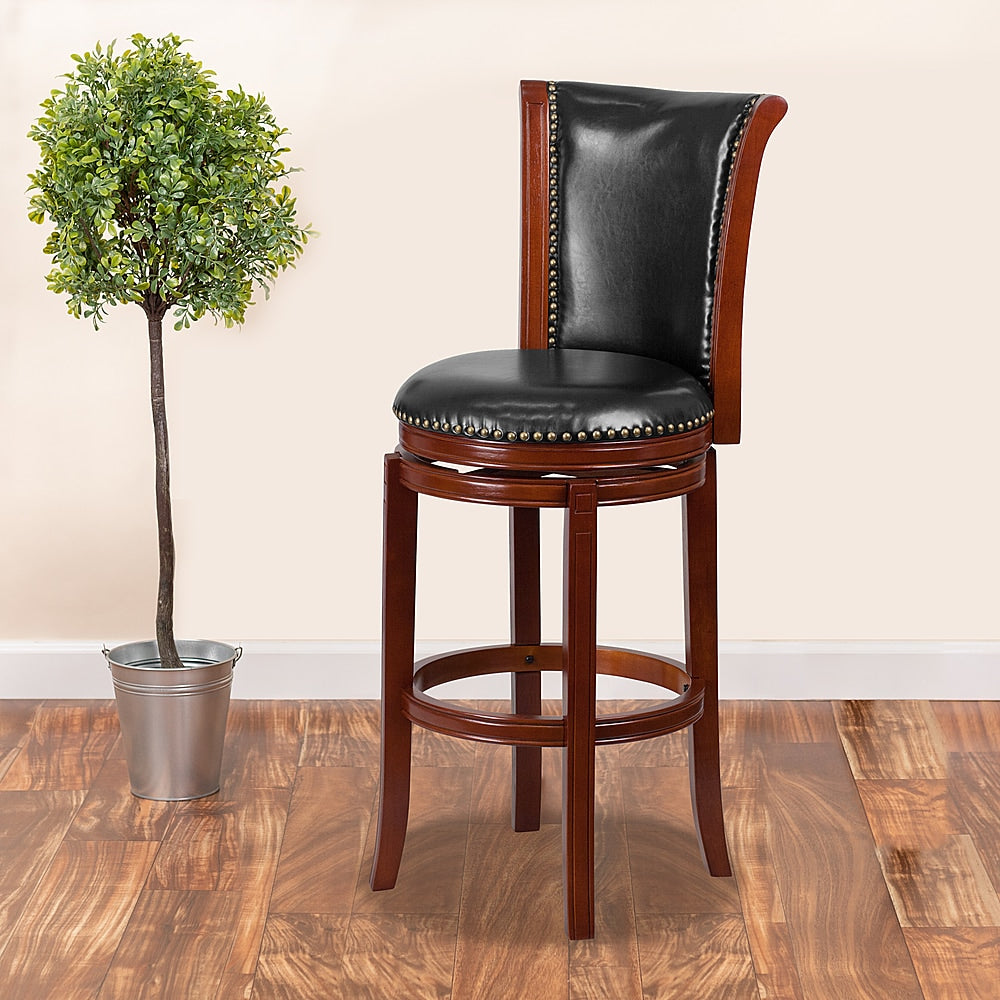 Flash Furniture - 30'' High Wood Barstool with Panel Back and LeatherSoft Swivel Seat - Dark Chestnut_5