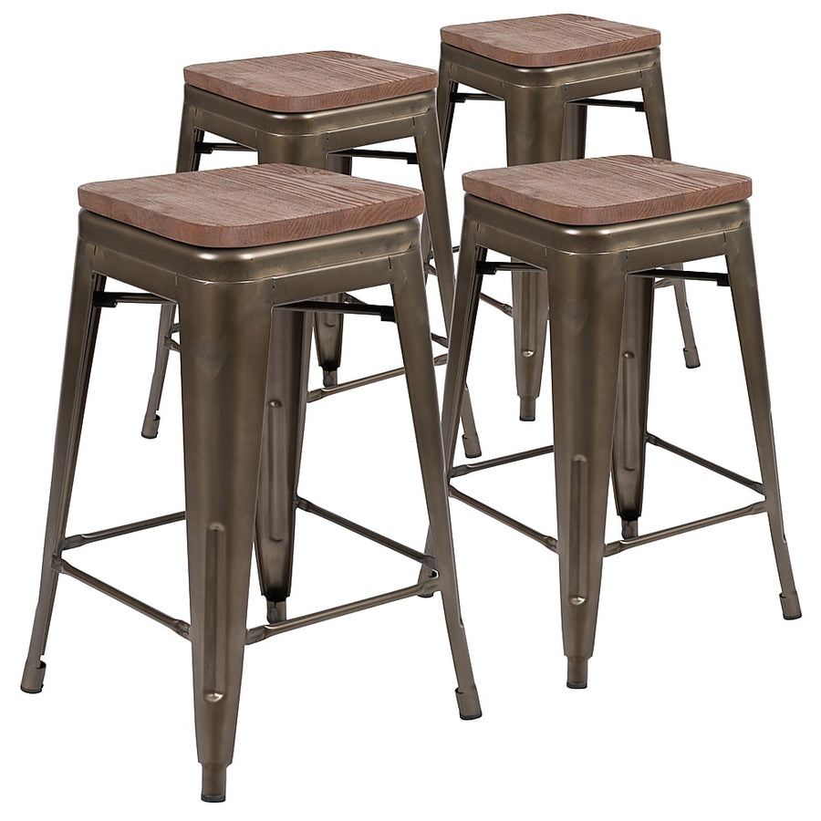 Flash Furniture - 24" High Metal Counter-Height, Indoor Bar Stool with Wood Seat - Stackable Set of 4 - Gun Metal_0