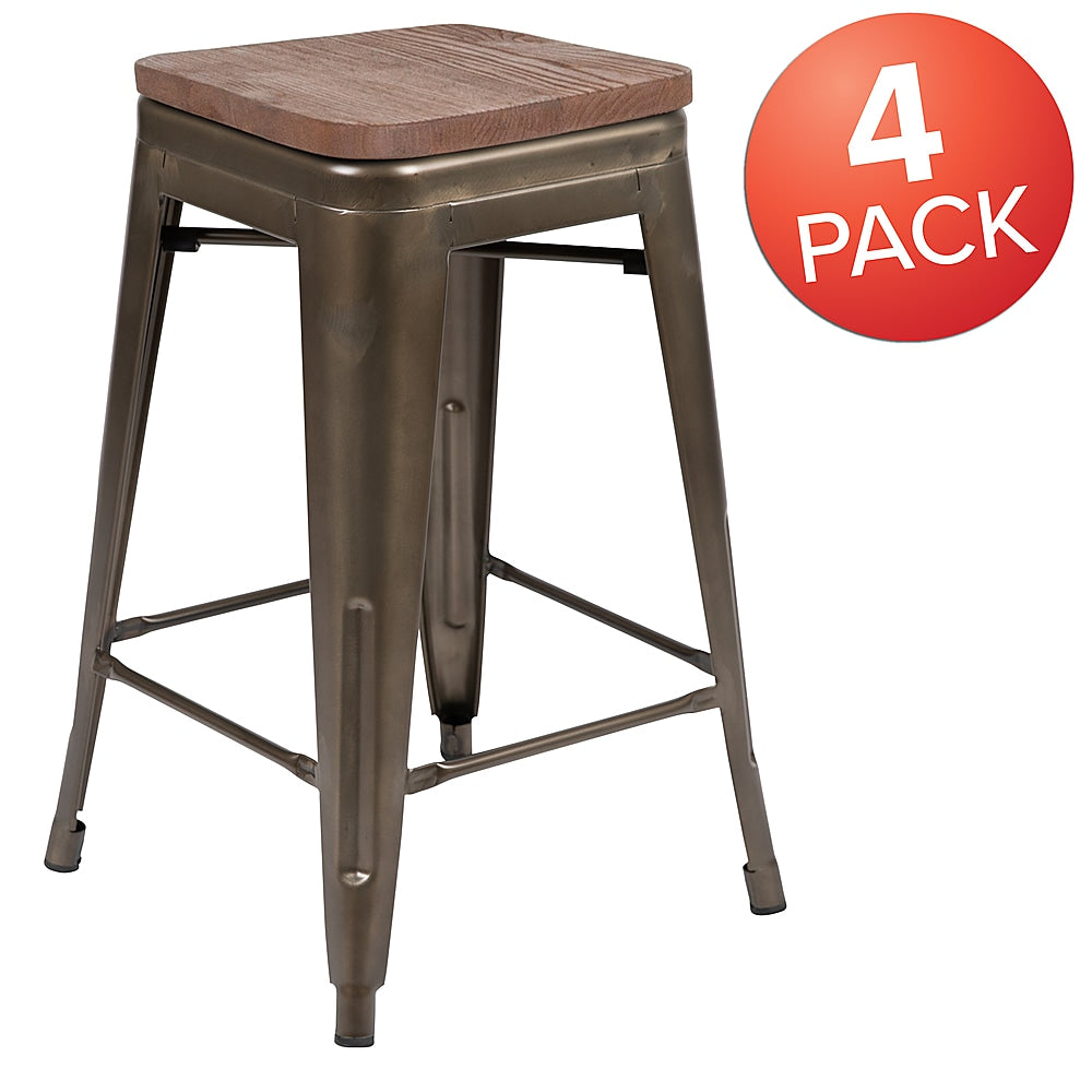 Flash Furniture - 24" High Metal Counter-Height, Indoor Bar Stool with Wood Seat - Stackable Set of 4 - Gun Metal_2