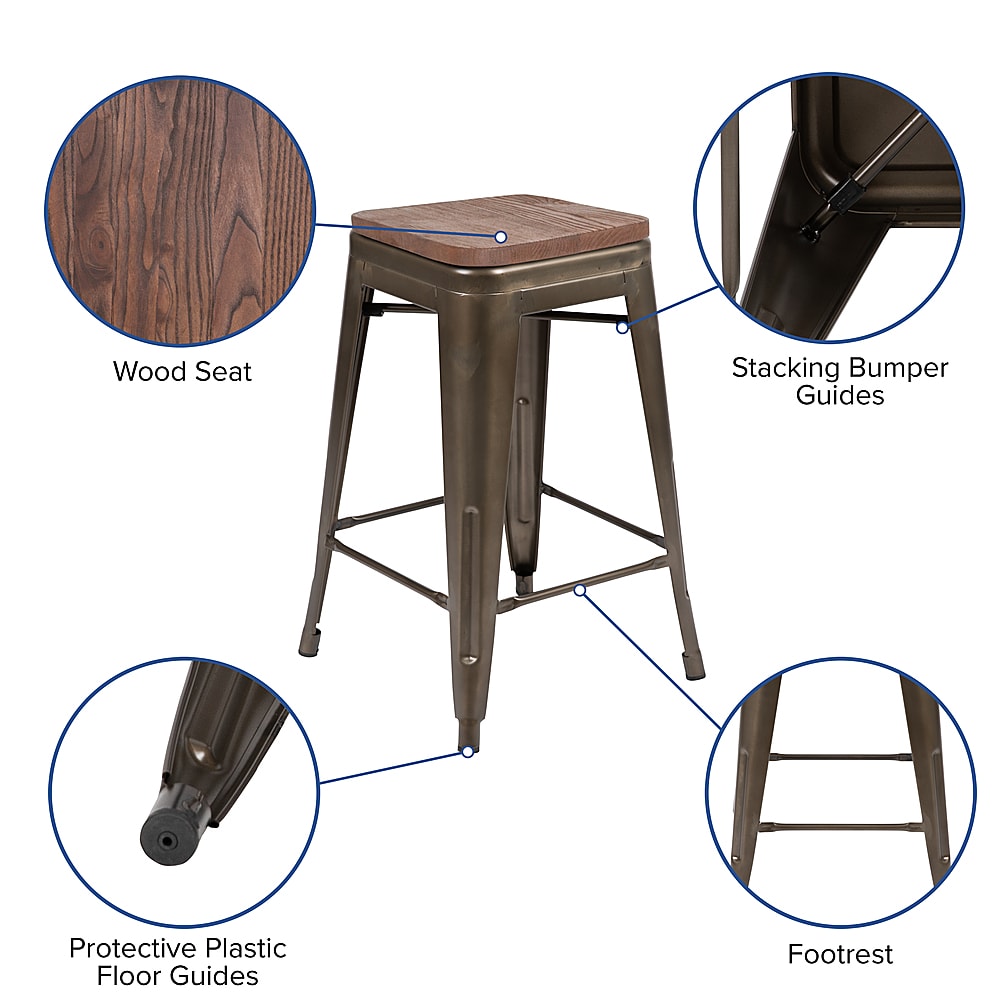 Flash Furniture - 24" High Metal Counter-Height, Indoor Bar Stool with Wood Seat - Stackable Set of 4 - Gun Metal_11