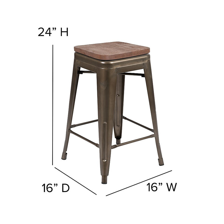 Flash Furniture - 24" High Metal Counter-Height, Indoor Bar Stool with Wood Seat - Stackable Set of 4 - Gun Metal_10