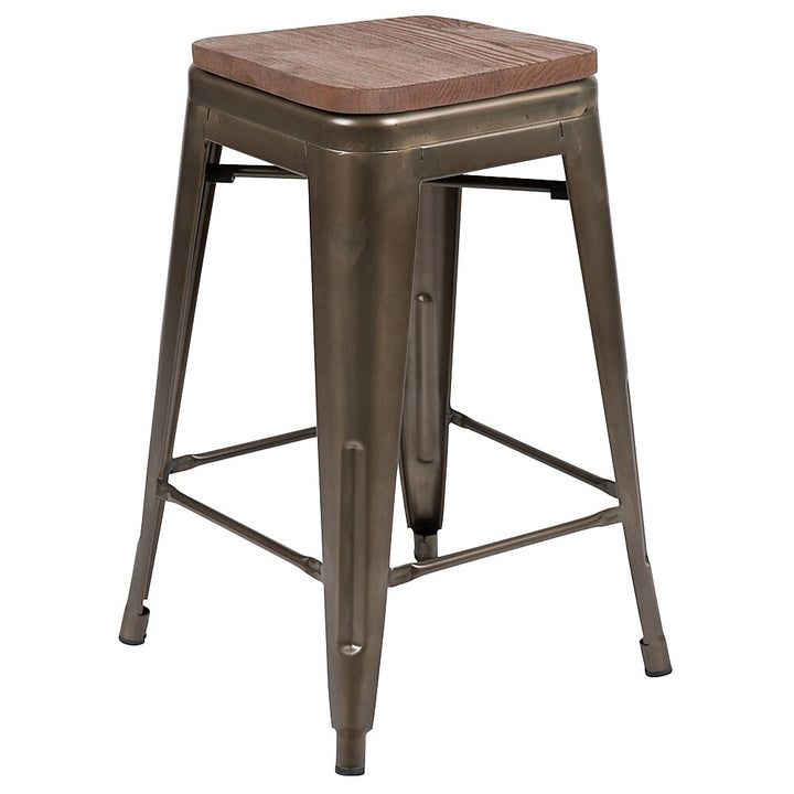 Flash Furniture - 24" High Metal Counter-Height, Indoor Bar Stool with Wood Seat - Stackable Set of 4 - Gun Metal_8