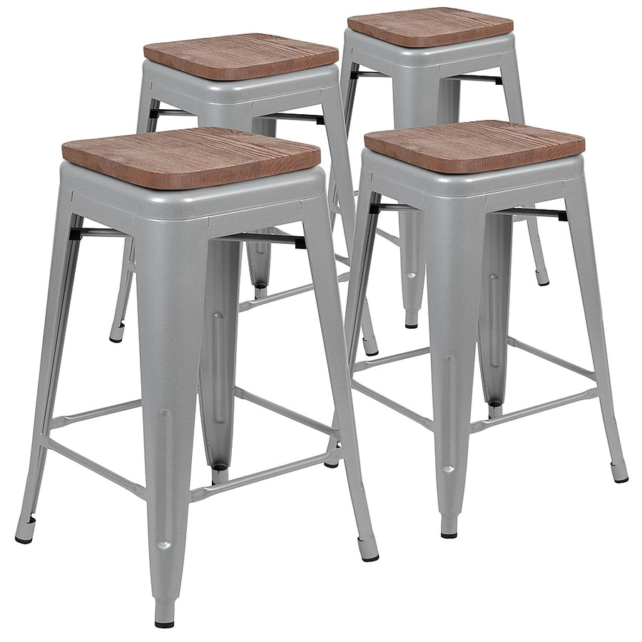 Flash Furniture - 24" High Metal Counter-Height, Indoor Bar Stool with Wood Seat - Stackable Set of 4 - Silver_0