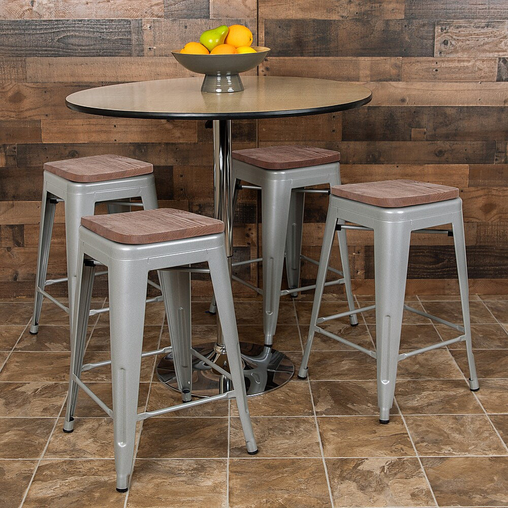 Flash Furniture - 24" High Metal Counter-Height, Indoor Bar Stool with Wood Seat - Stackable Set of 4 - Silver_4