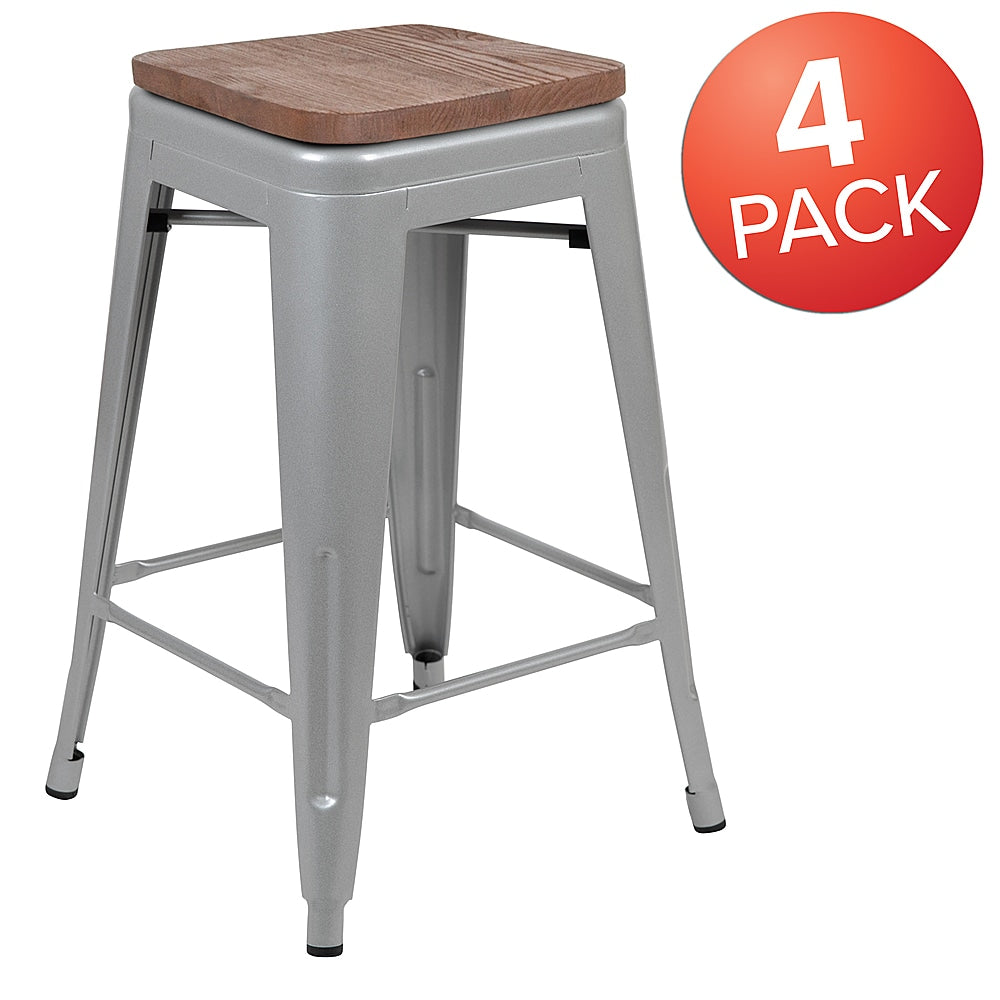 Flash Furniture - 24" High Metal Counter-Height, Indoor Bar Stool with Wood Seat - Stackable Set of 4 - Silver_12