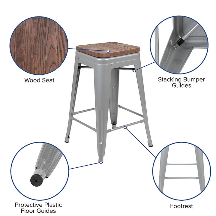 Flash Furniture - 24" High Metal Counter-Height, Indoor Bar Stool with Wood Seat - Stackable Set of 4 - Silver_11